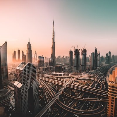 Downtown Dubai skyline at sunrise